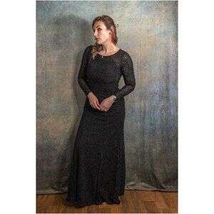 Vintage Cachet Black Beaded Mesh Glitter Lace Formal Maxi Dress - Size 6